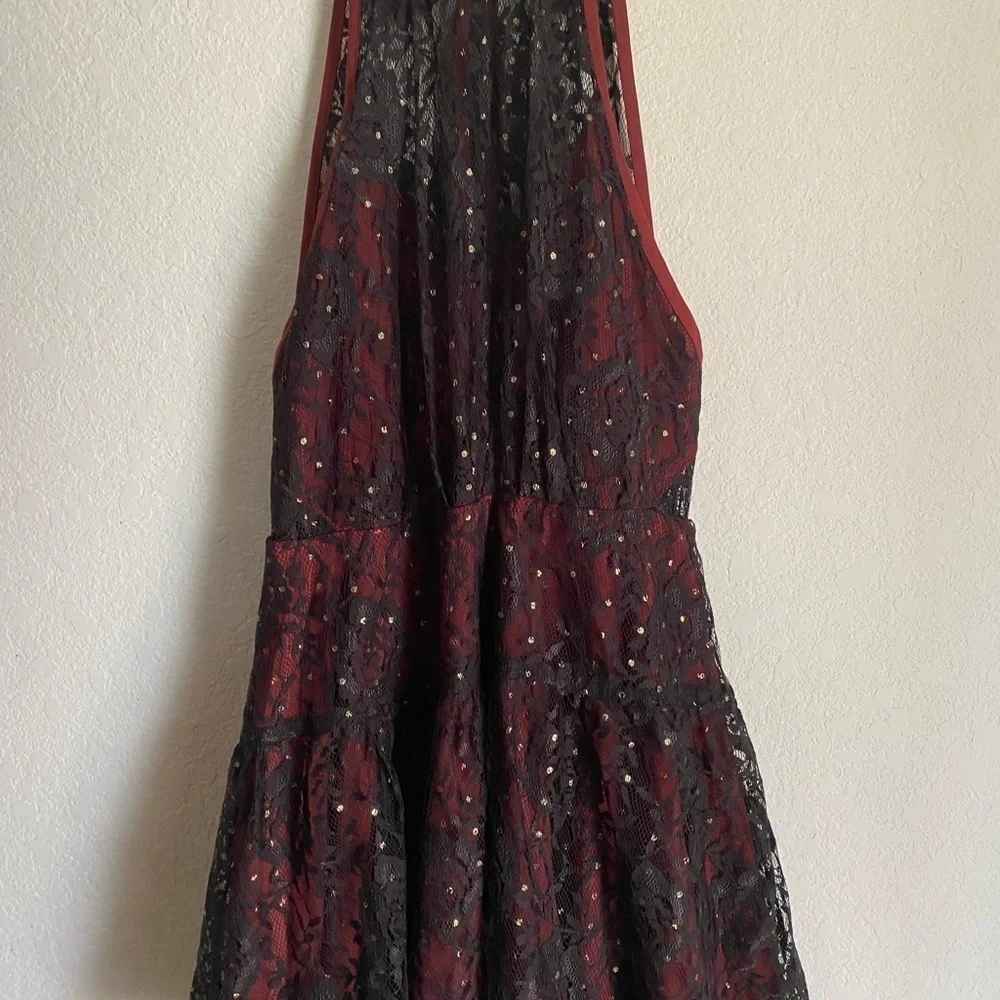 Free People Wish Upon A Star Black Burgundy Lace Halter Coquette Vampy Dress 2